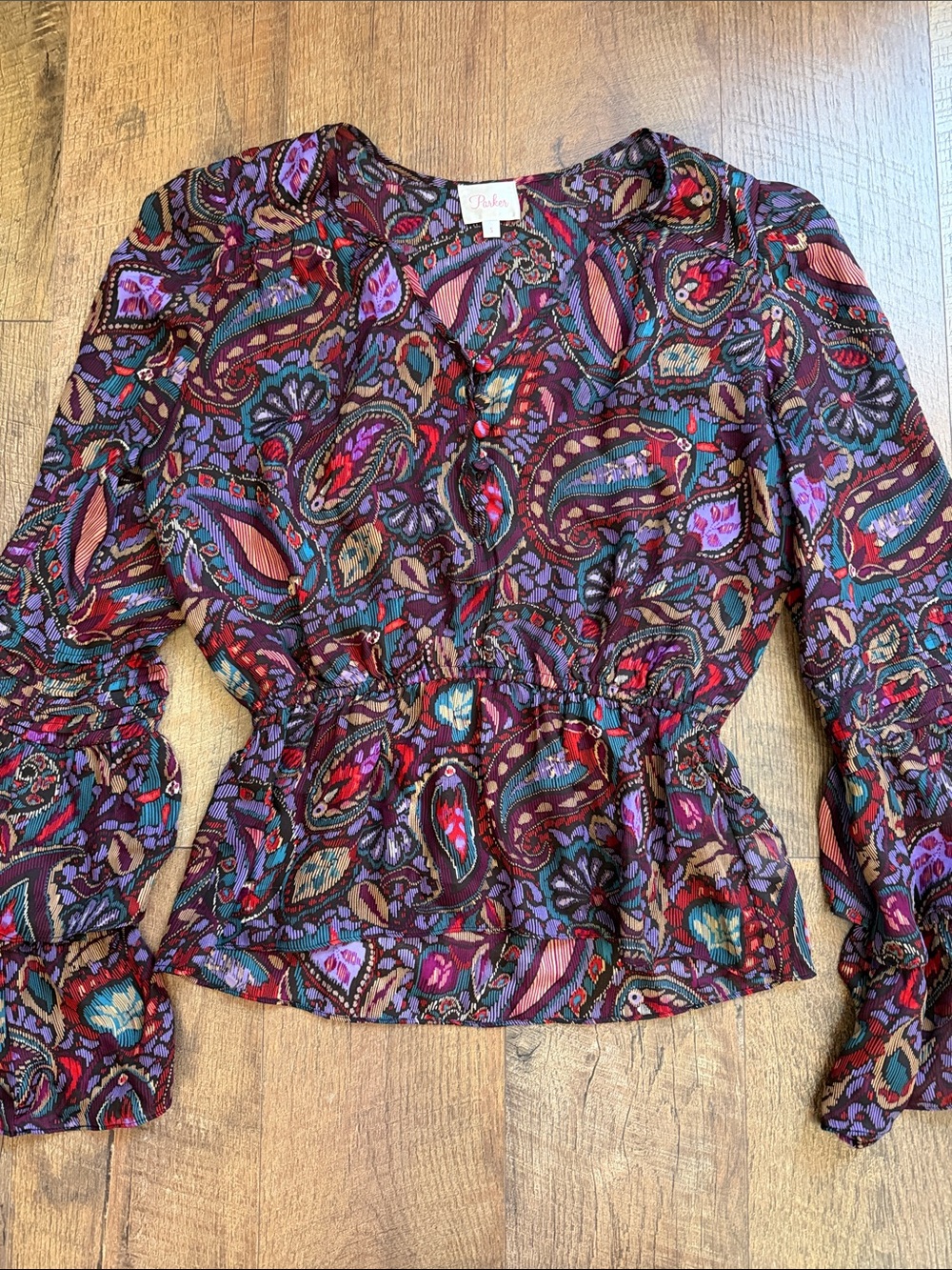 Parker Multicolor Paisley Peplum Blouse — Purple, Teal, Red